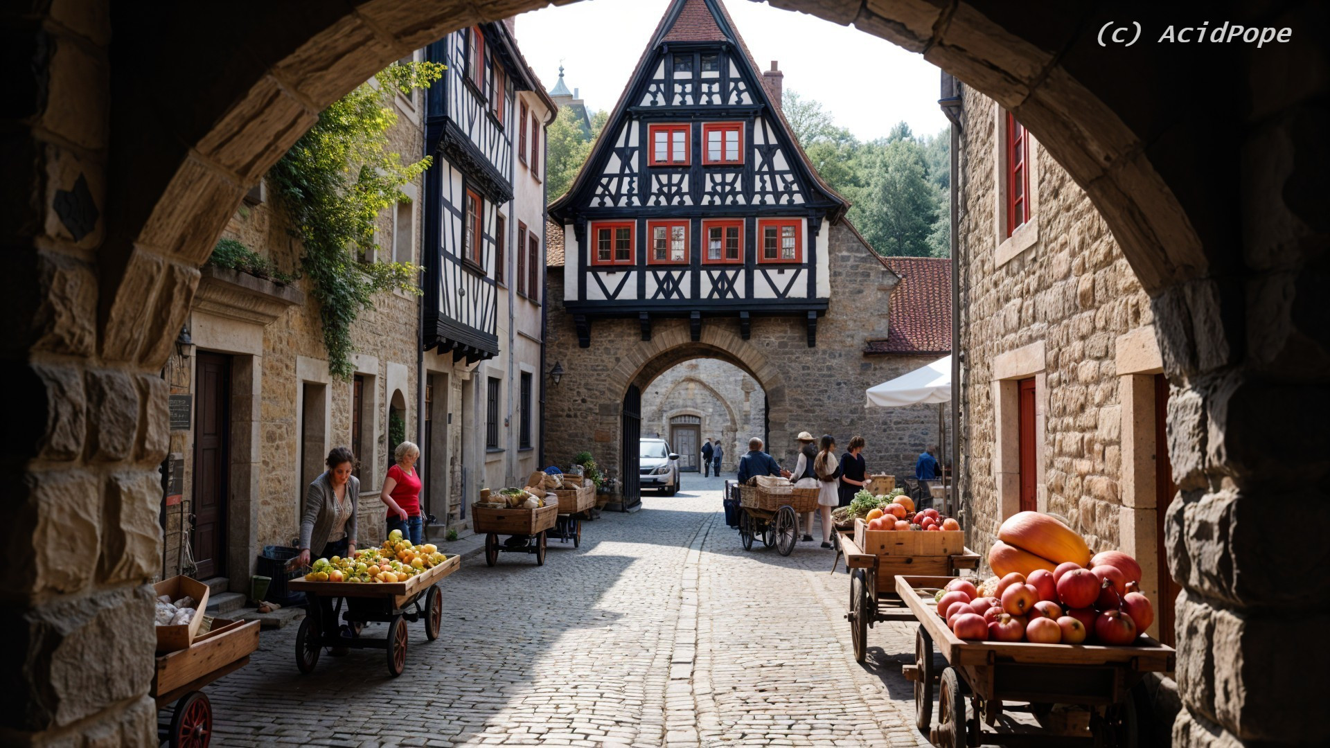 Charming Cobblestone Street with Market and Archway