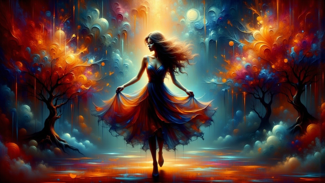 Silhouette of a Woman in a Vibrant Dress in Fantasy Landscape