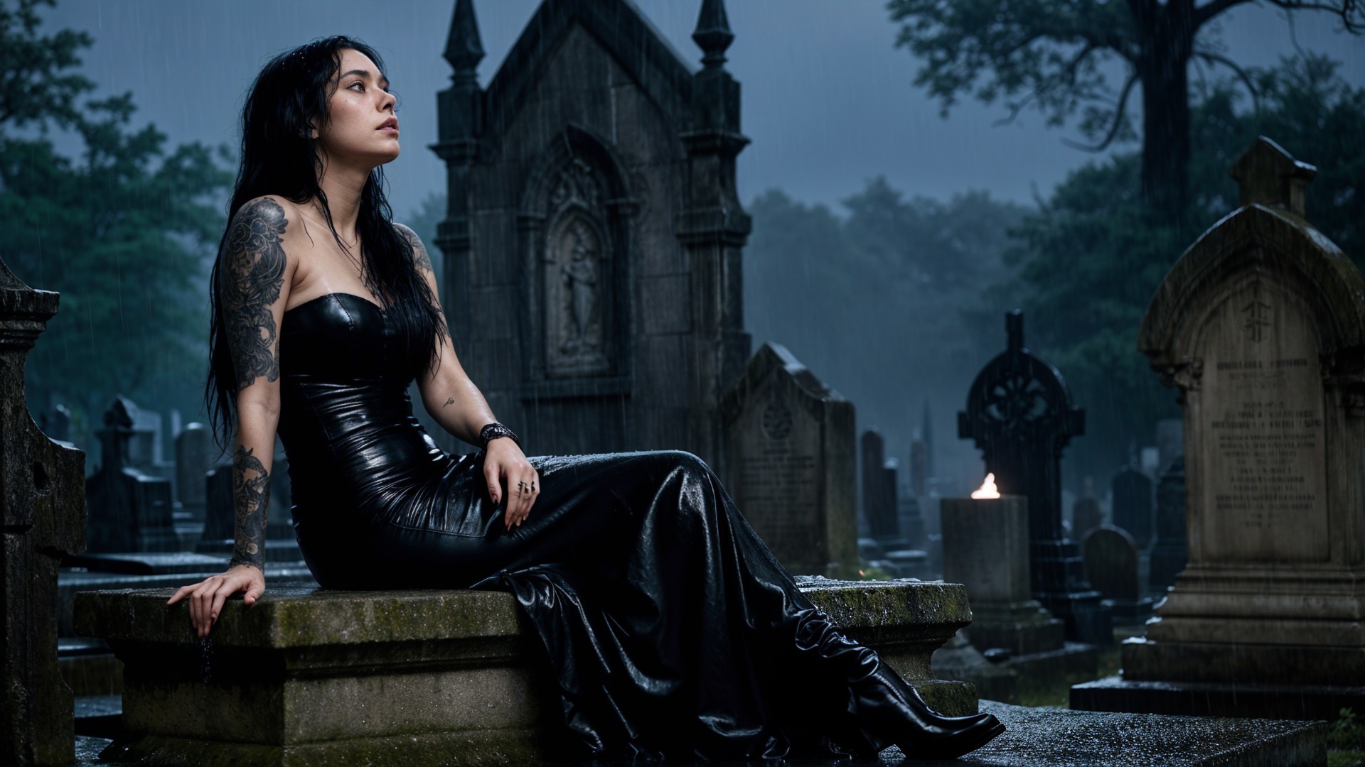 Woman in Black Dress at Rainy Graveyard Scene