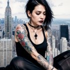 Young Woman in Black Dress Against City Skyline