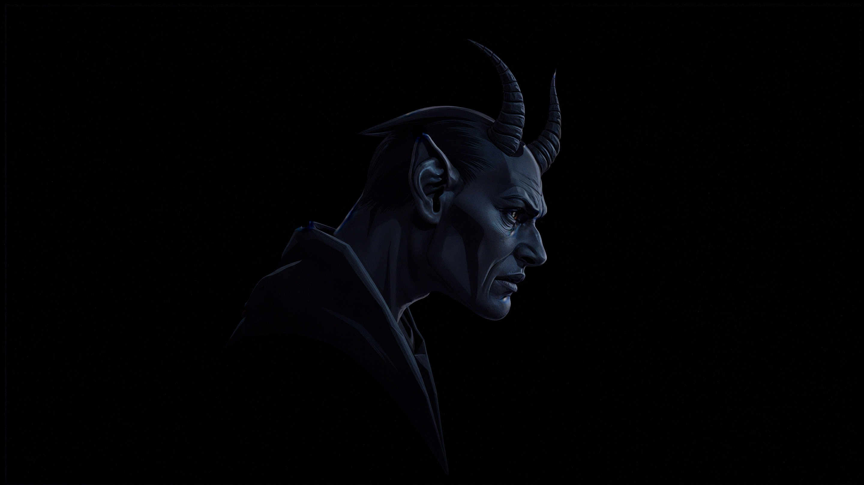 Mysterious Figure with Horns and Intense Expression