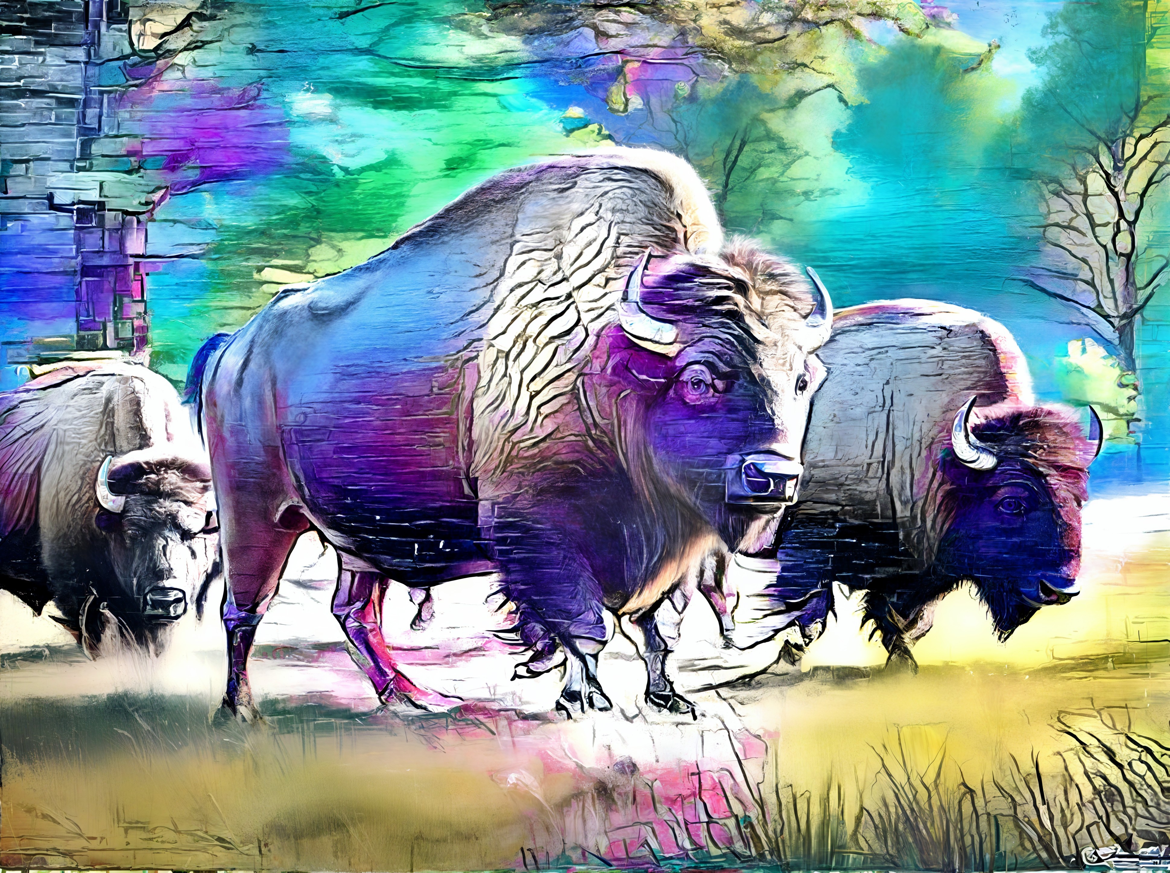 Bison in Vibrant Abstract Landscape with Soft Brushstrokes