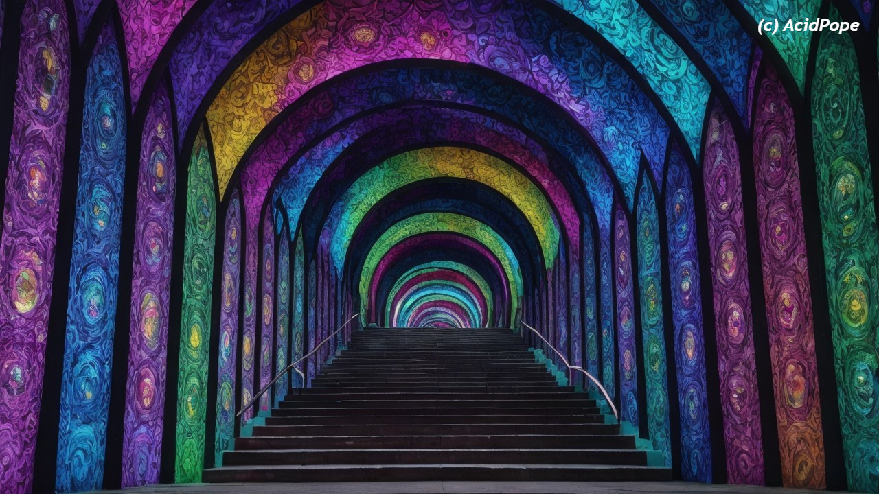 Vibrant Staircase with Colorful Archways and Patterns
