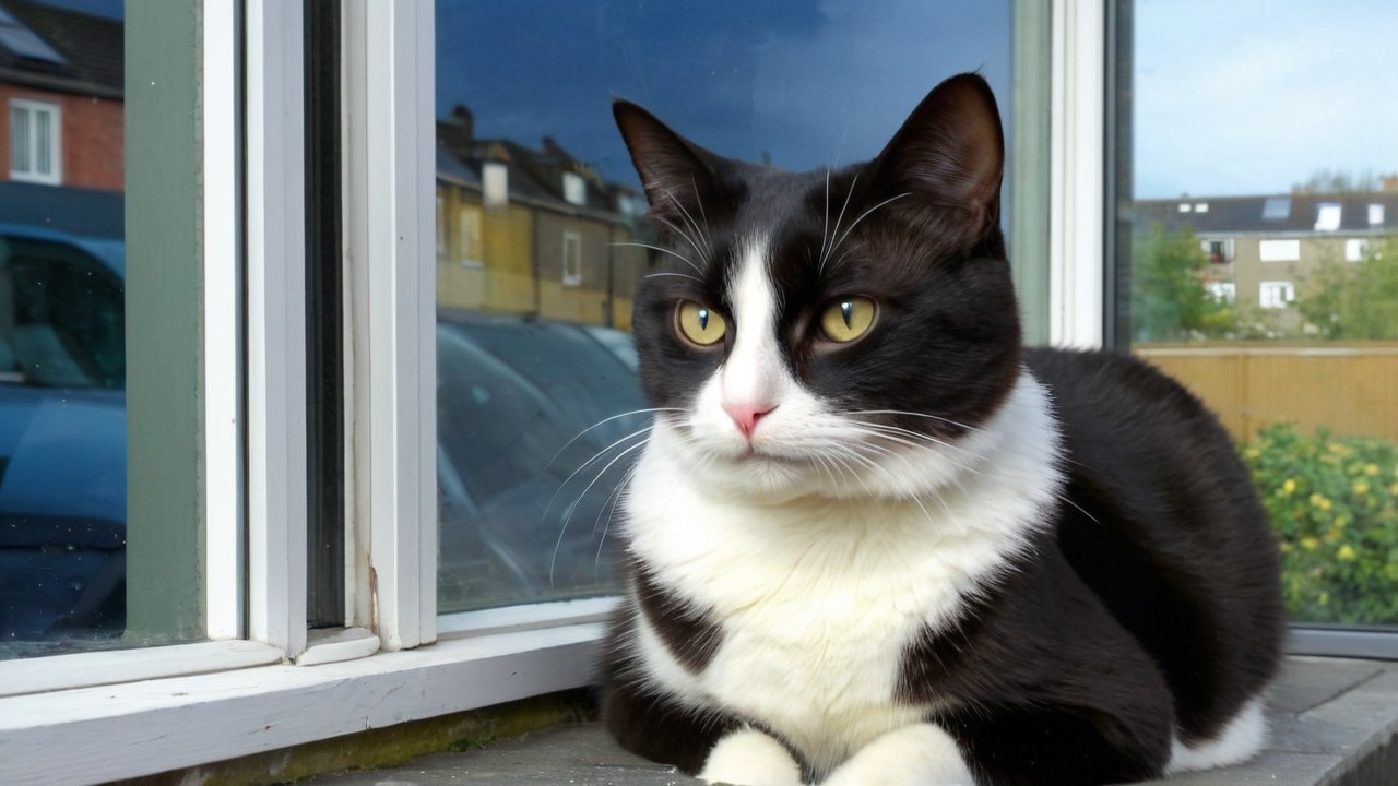 Black and white cat gazing out a window scene