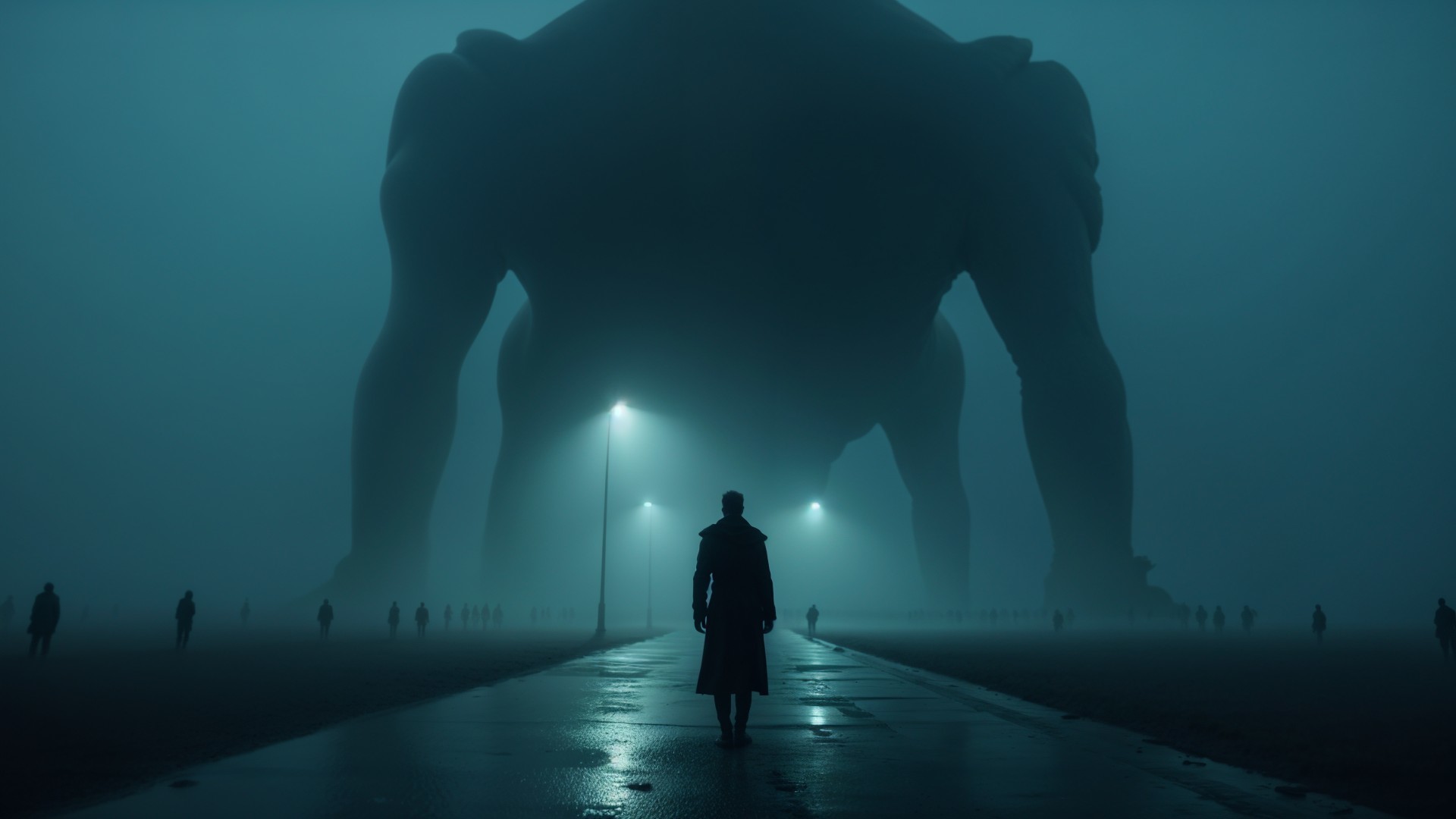 Misty Urban Landscape with Lone Figure and Giant Shadow