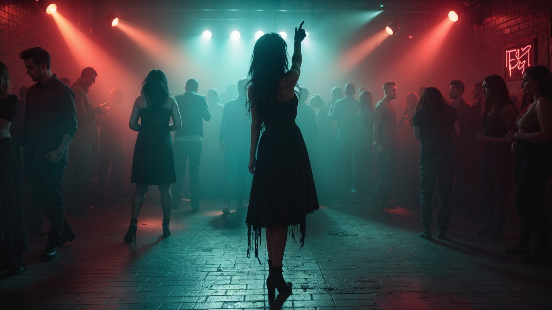 Nightclub Scene with Woman in Black Dress and Lights