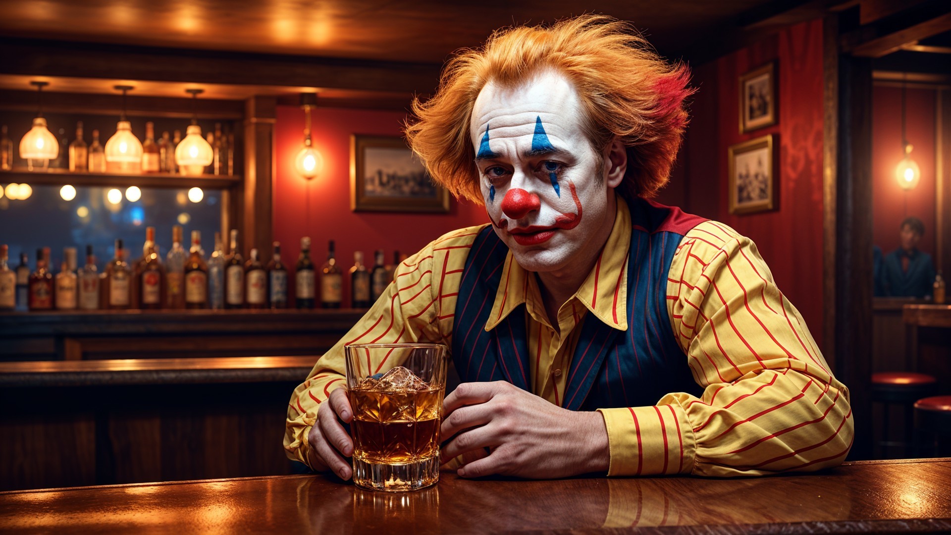 Clown in Colorful Attire at Dimly Lit Bar