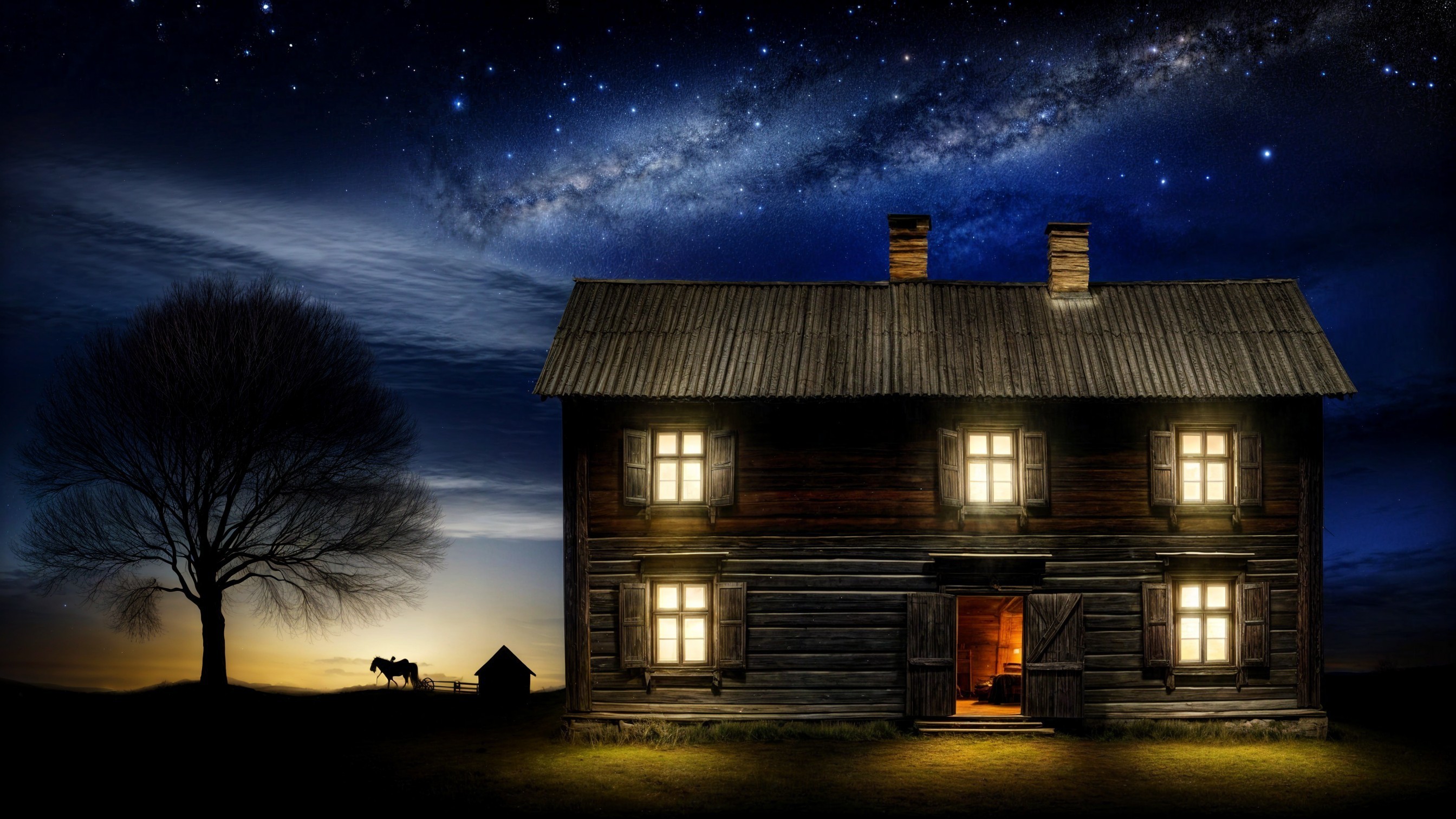 Rustic Wooden House Under Starry Night Sky