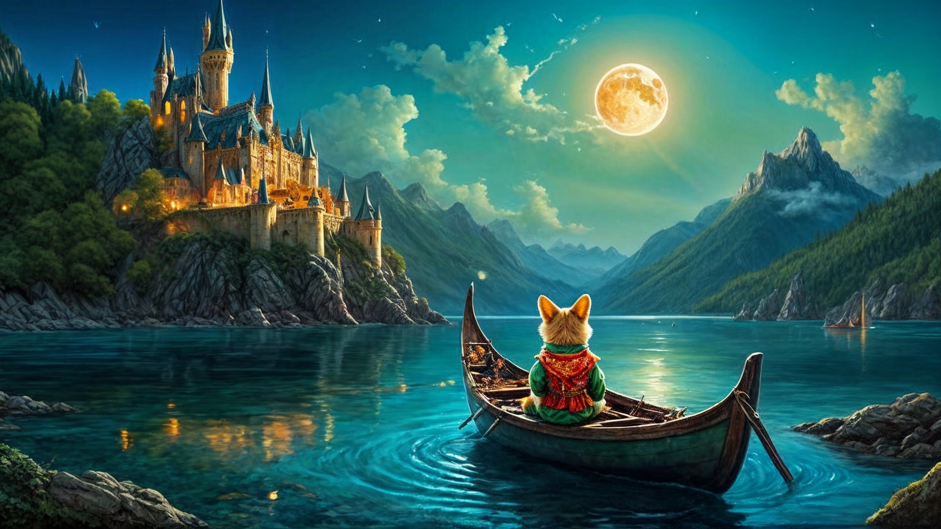 Fox in Cloak on Boat by Castle Under Moonlight