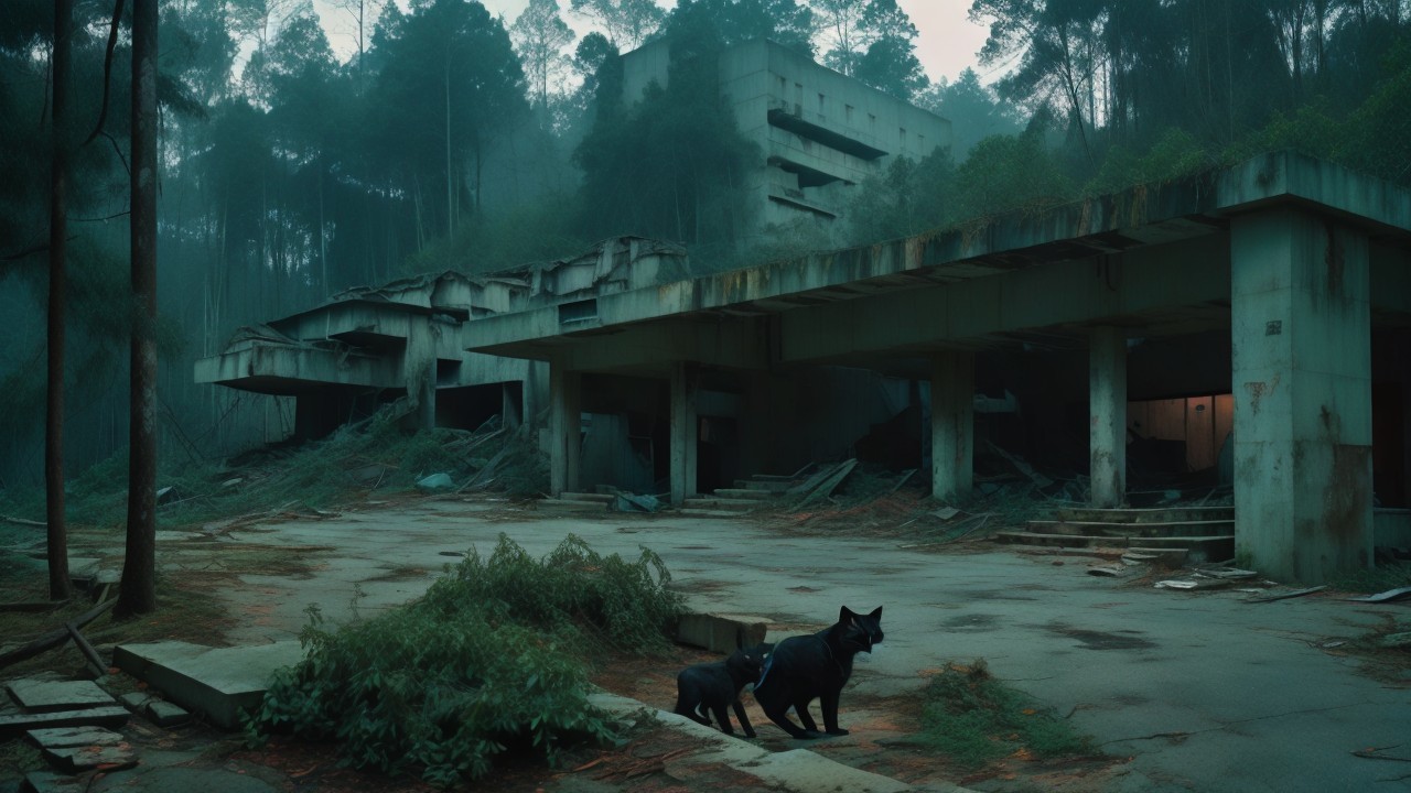 Black Cats in Overgrown Landscape with Derelict Building