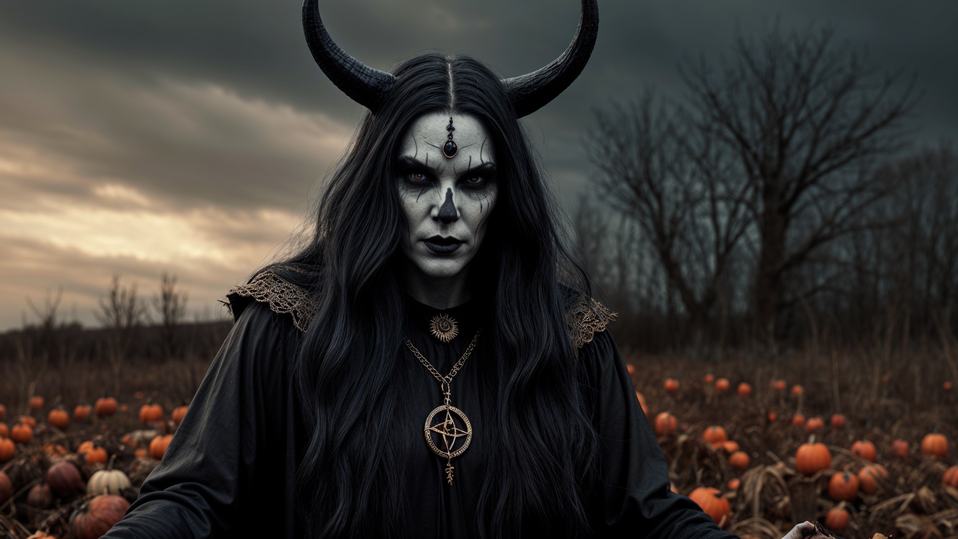 Figure with Horns in Pumpkin Field at Dusk