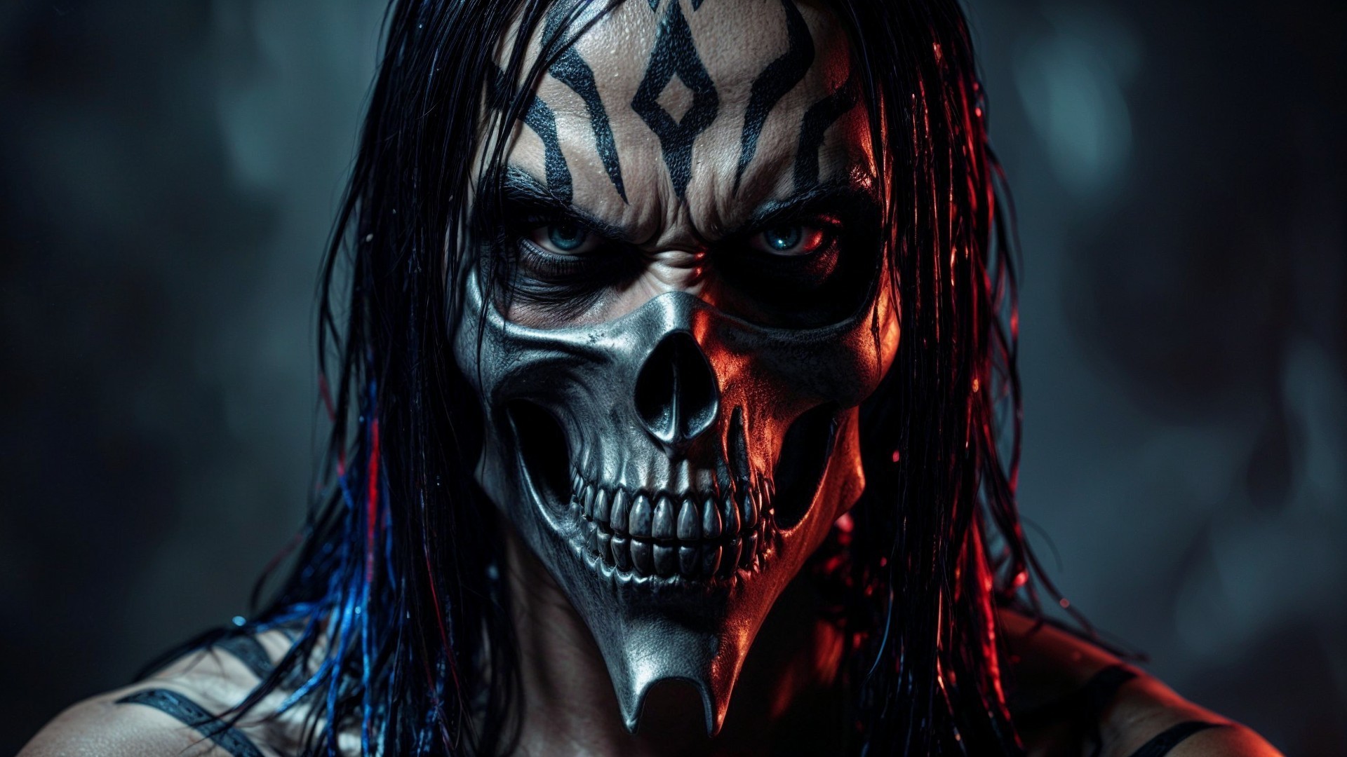 Menacing Figure with Skull Mask and Tribal Tattoos