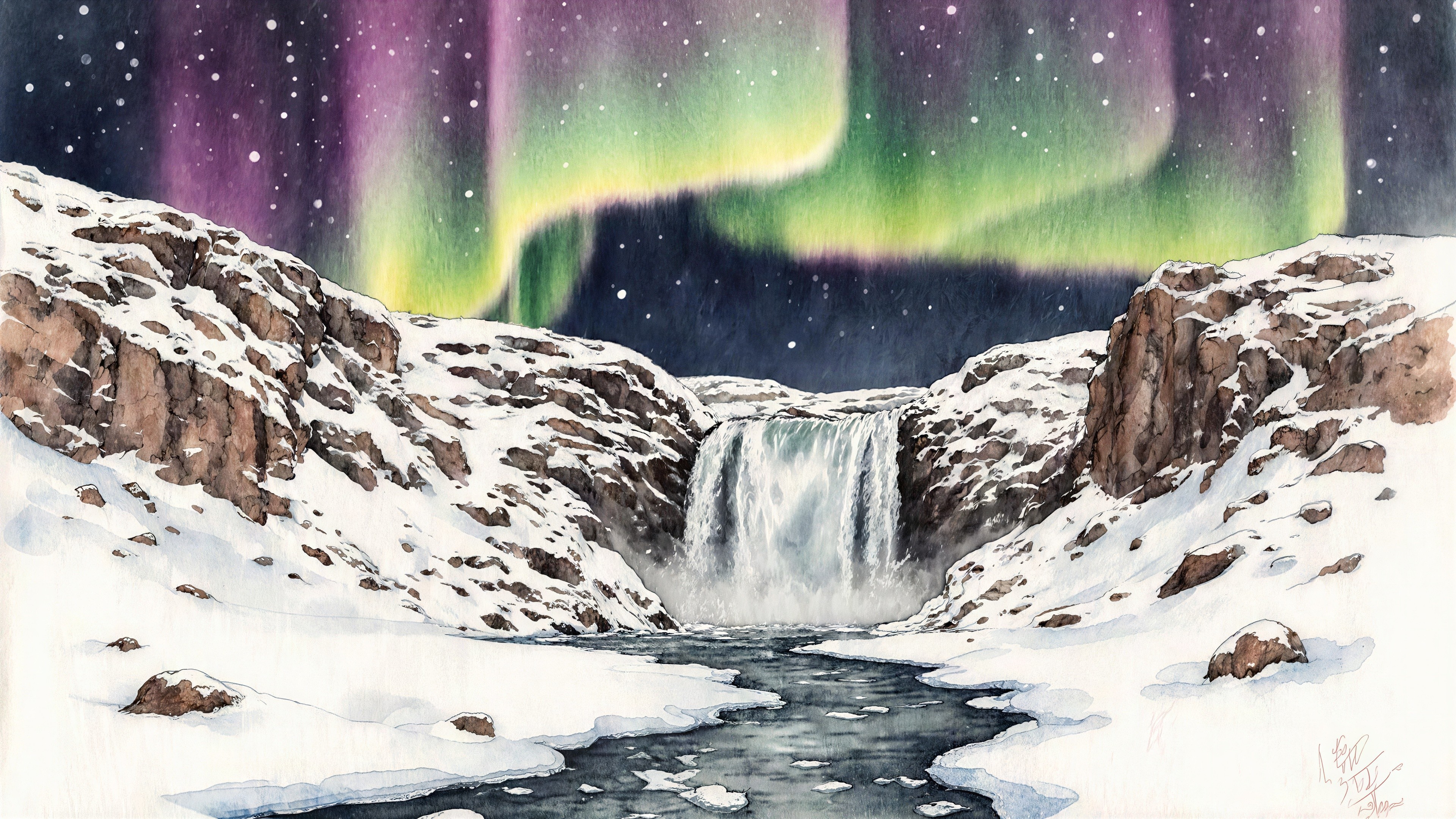 Watercolor Winter Landscape with Waterfall and Northern Lights