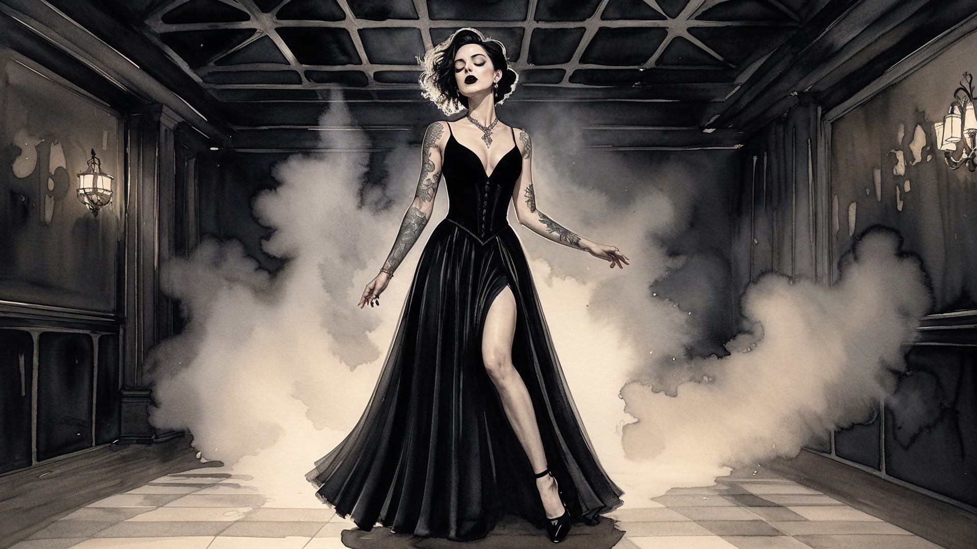 Elegant figure in black gown with dramatic backdrop