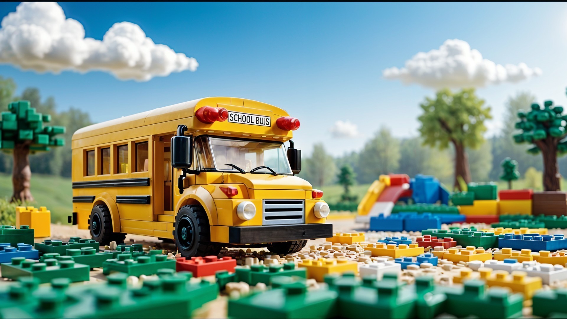 Lego School Bus in Colorful Landscape with Playground