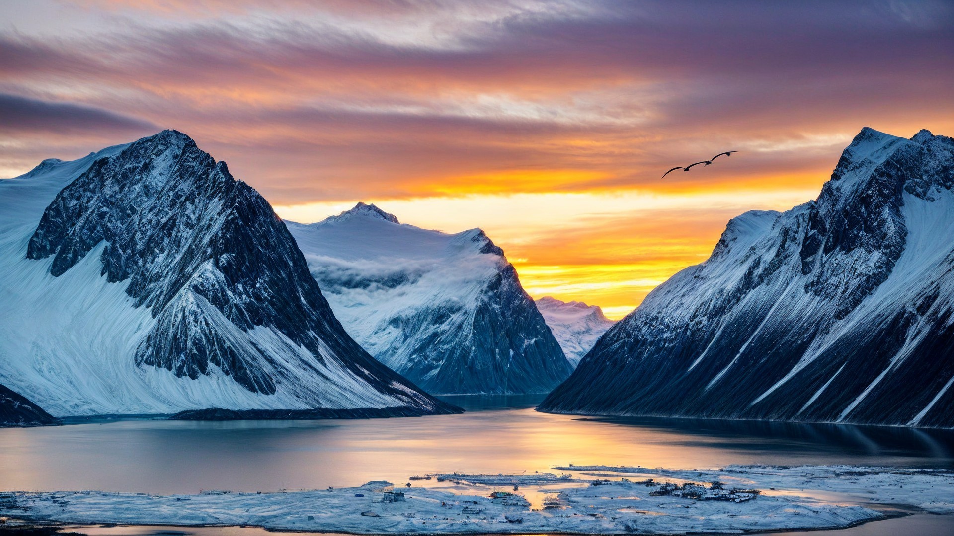 Snow-Capped Mountains and Serene Fjord at Sunset