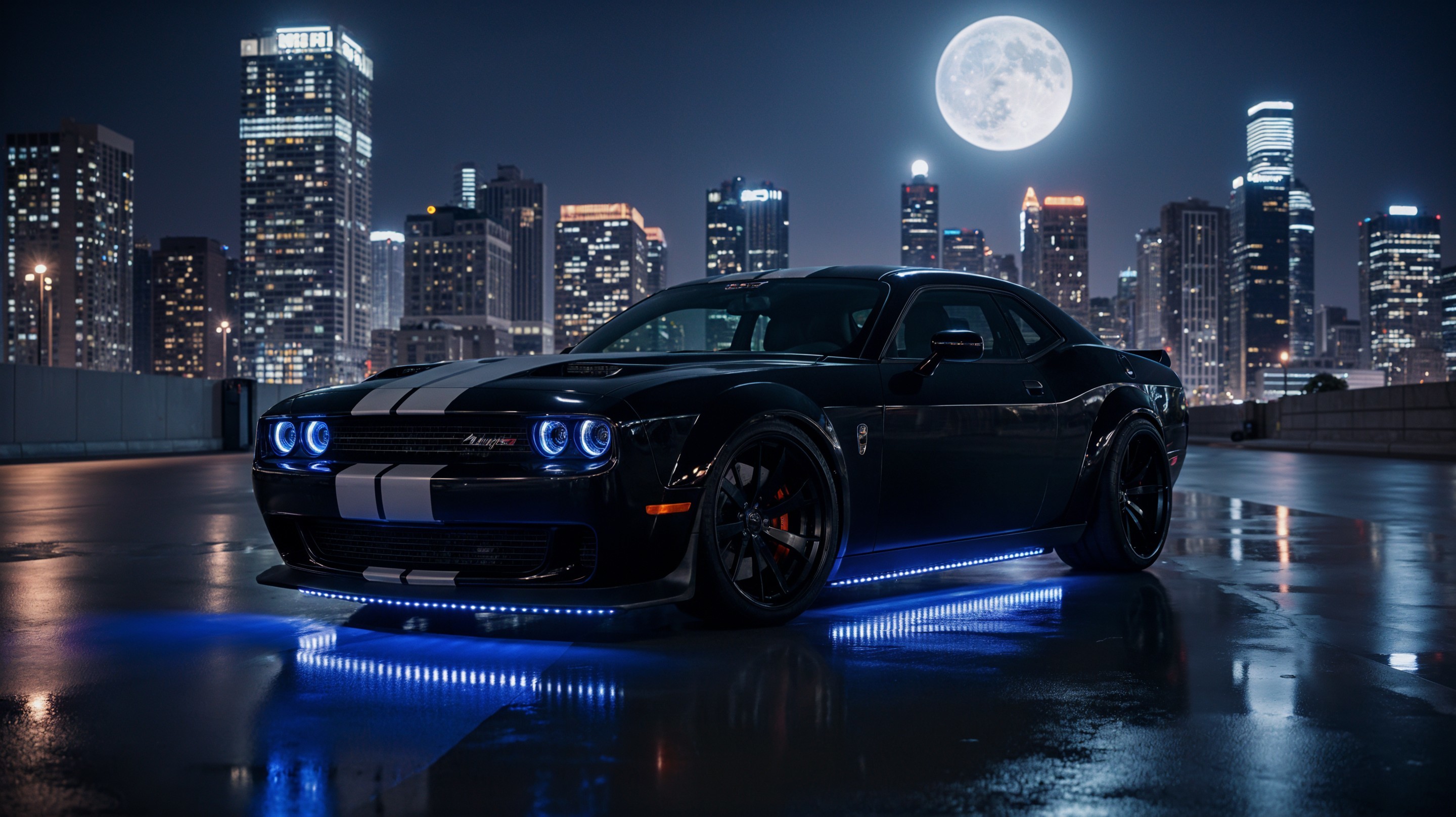 Sleek Black Muscle Car in Illuminated Urban Nightscape