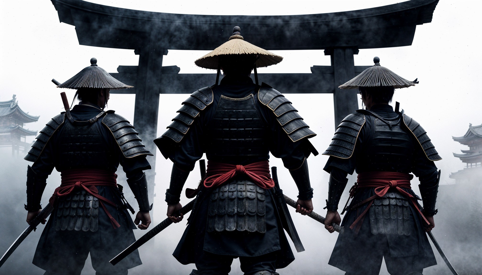 Armored Warriors at Misty Torii Gate in Ancient Setting