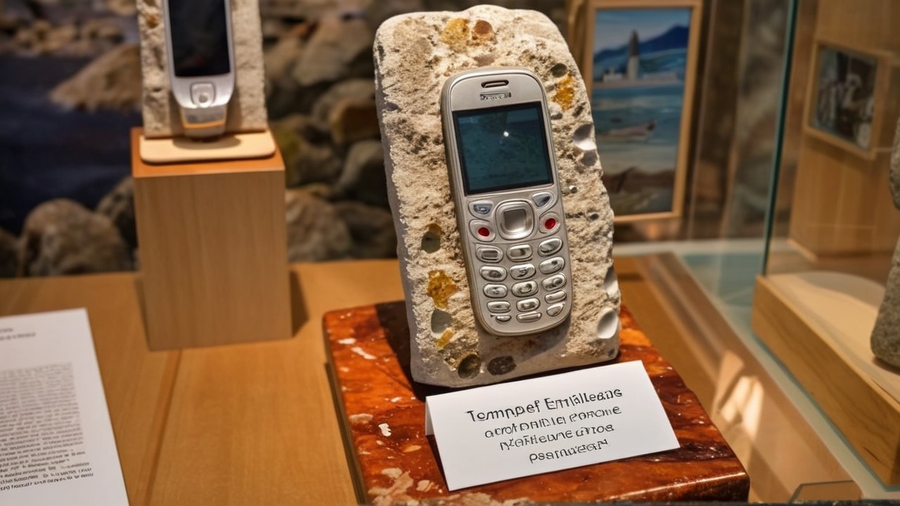 Close-Up of a Silver Flip Phone Embedded in Rock