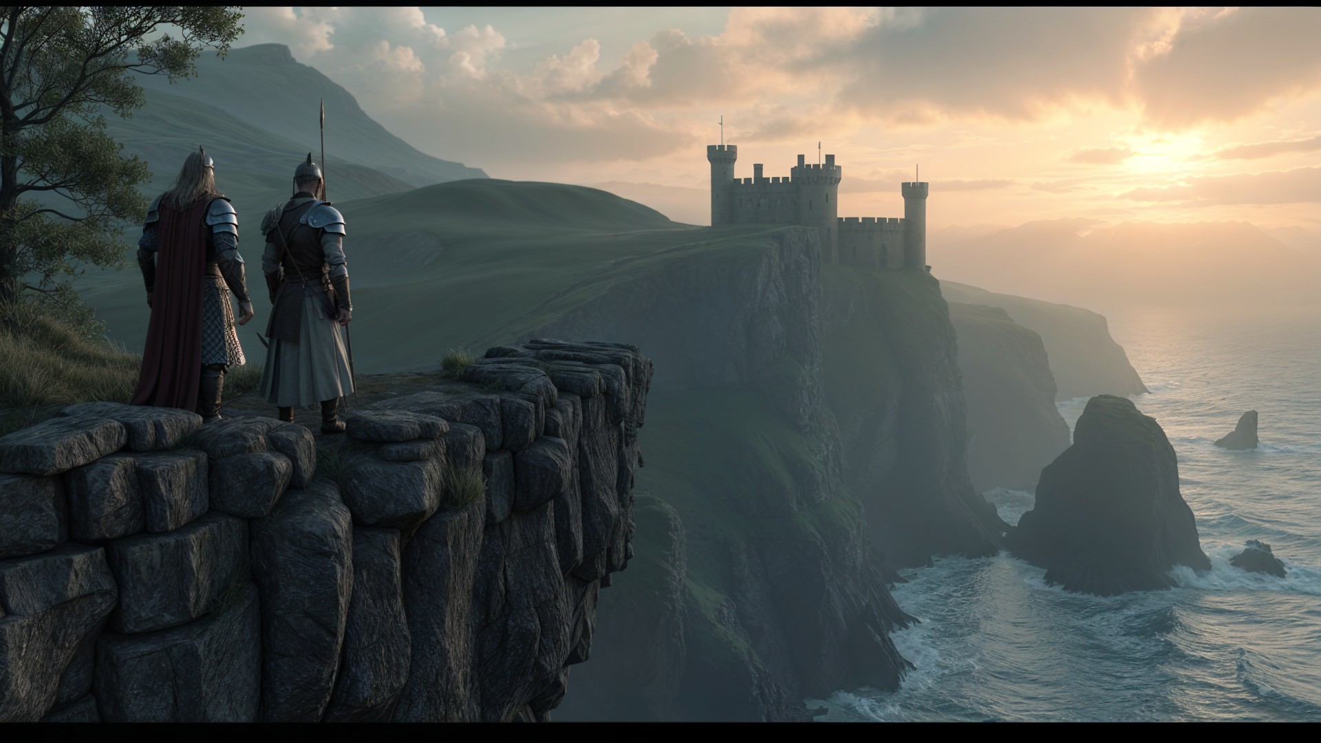 Armored Figures Overlooking a Coastal Castle at Sunset