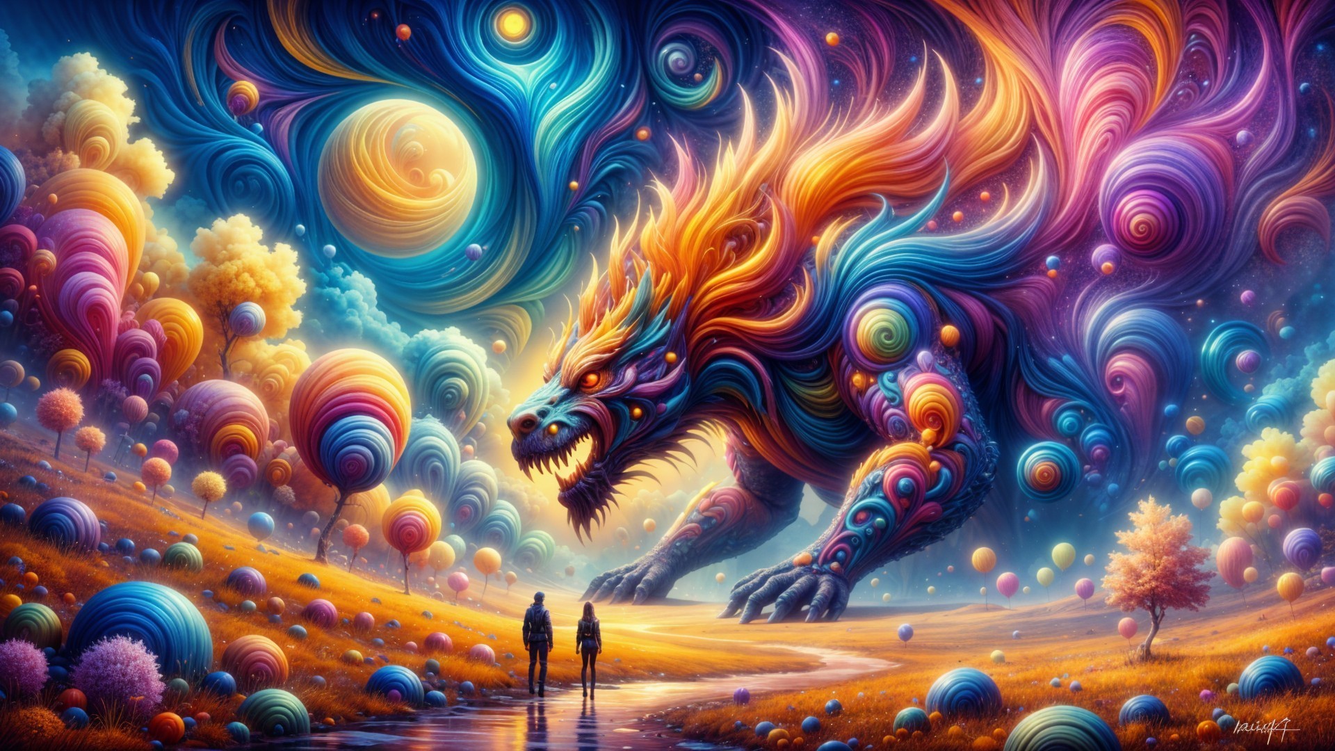 Surreal Landscape with Dragon Creature and Dreamlike Elements