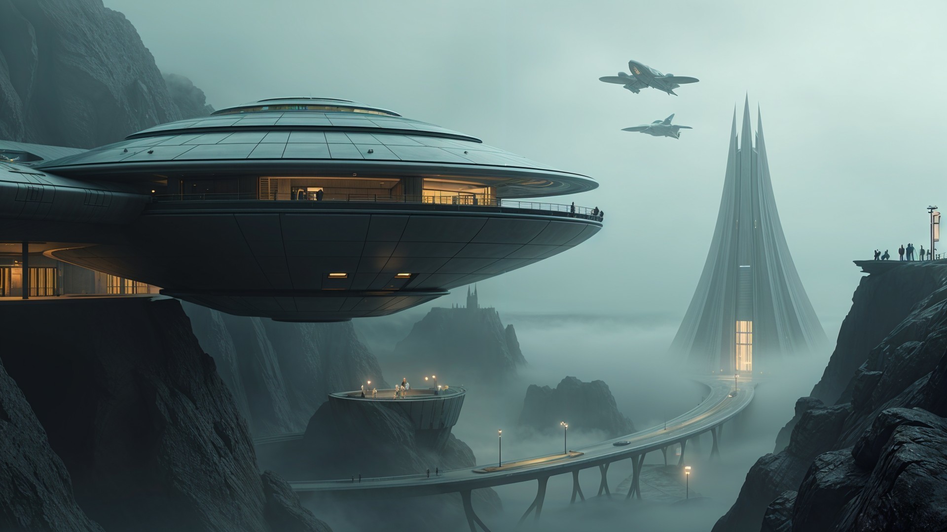 Futuristic Landscape with UFO Craft and Spire Structure