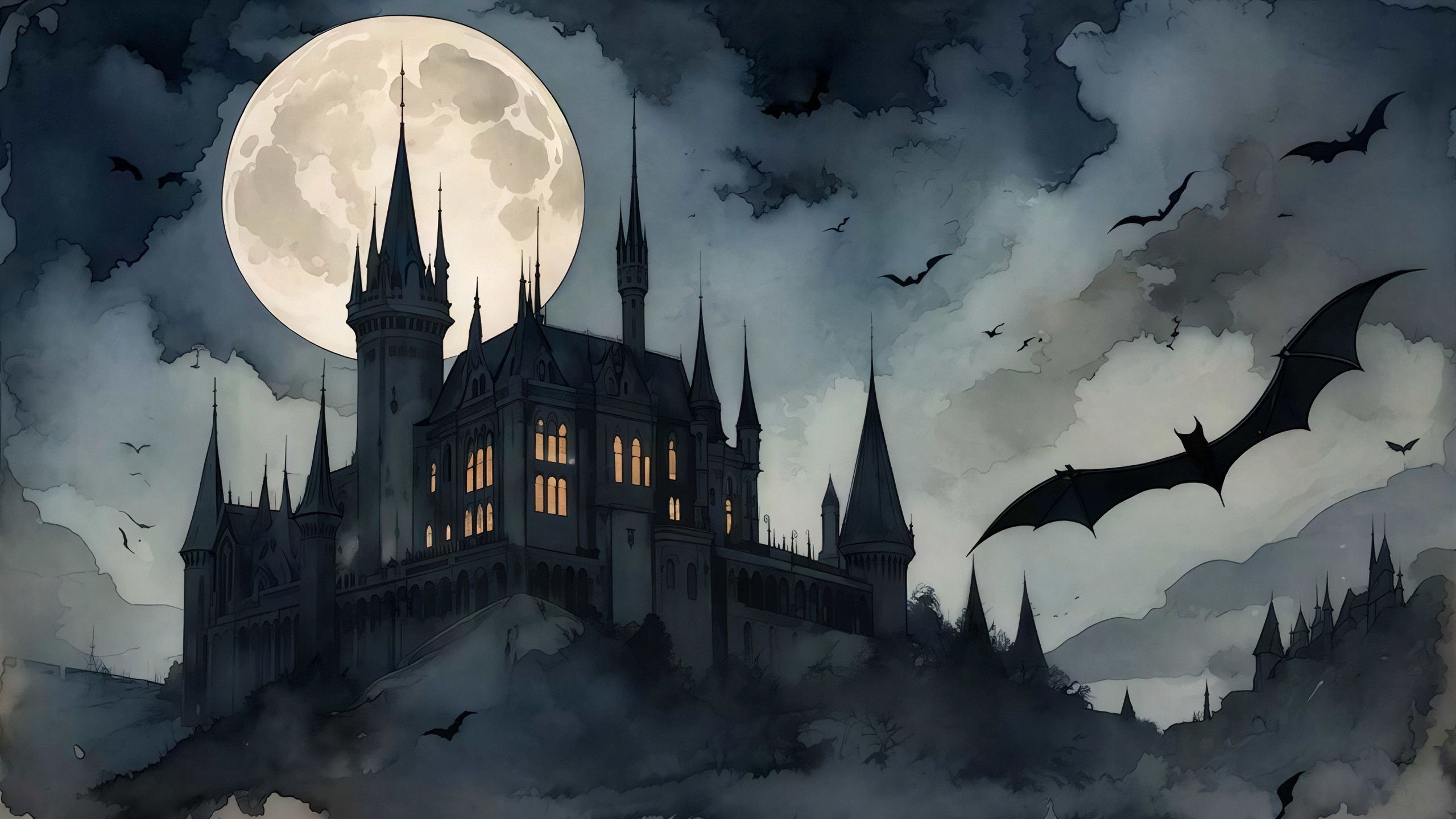 Misty Grey Watercolor of Spooky Castle Under Moon