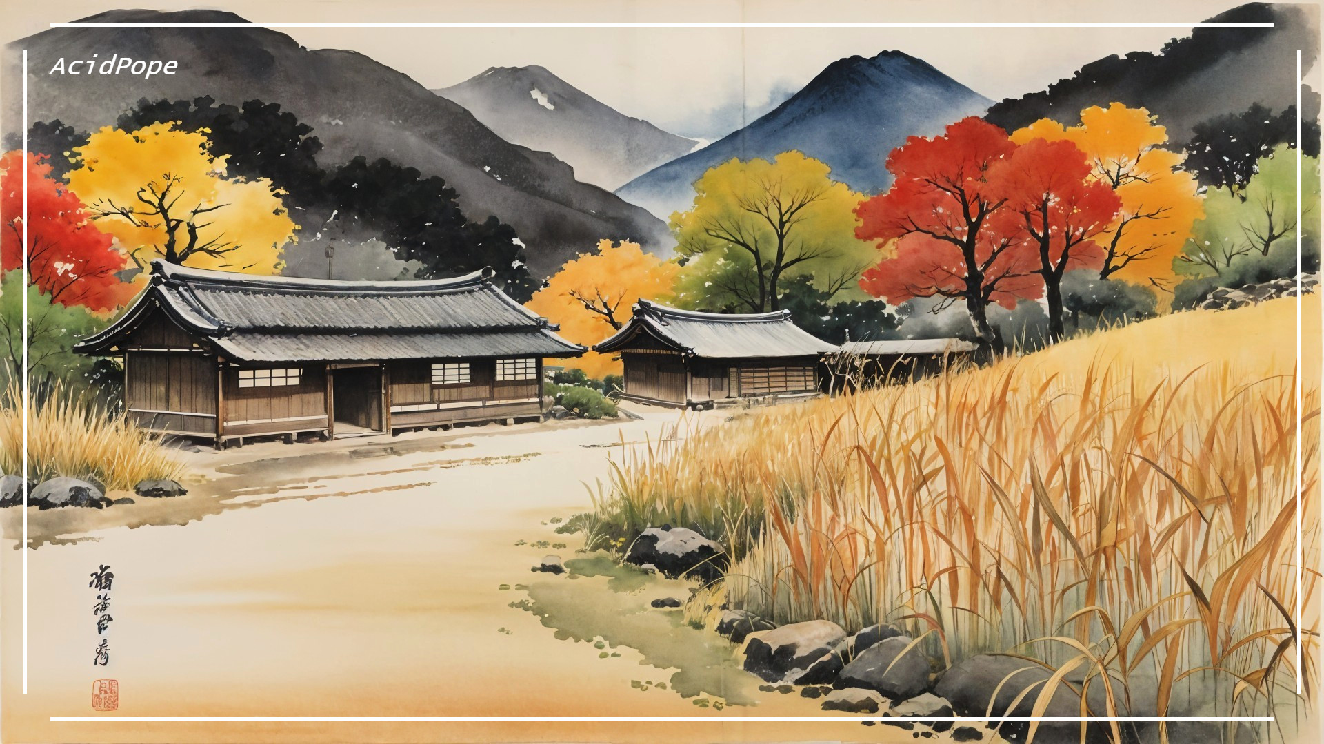 Traditional Japanese Houses Amidst Autumn Foliage