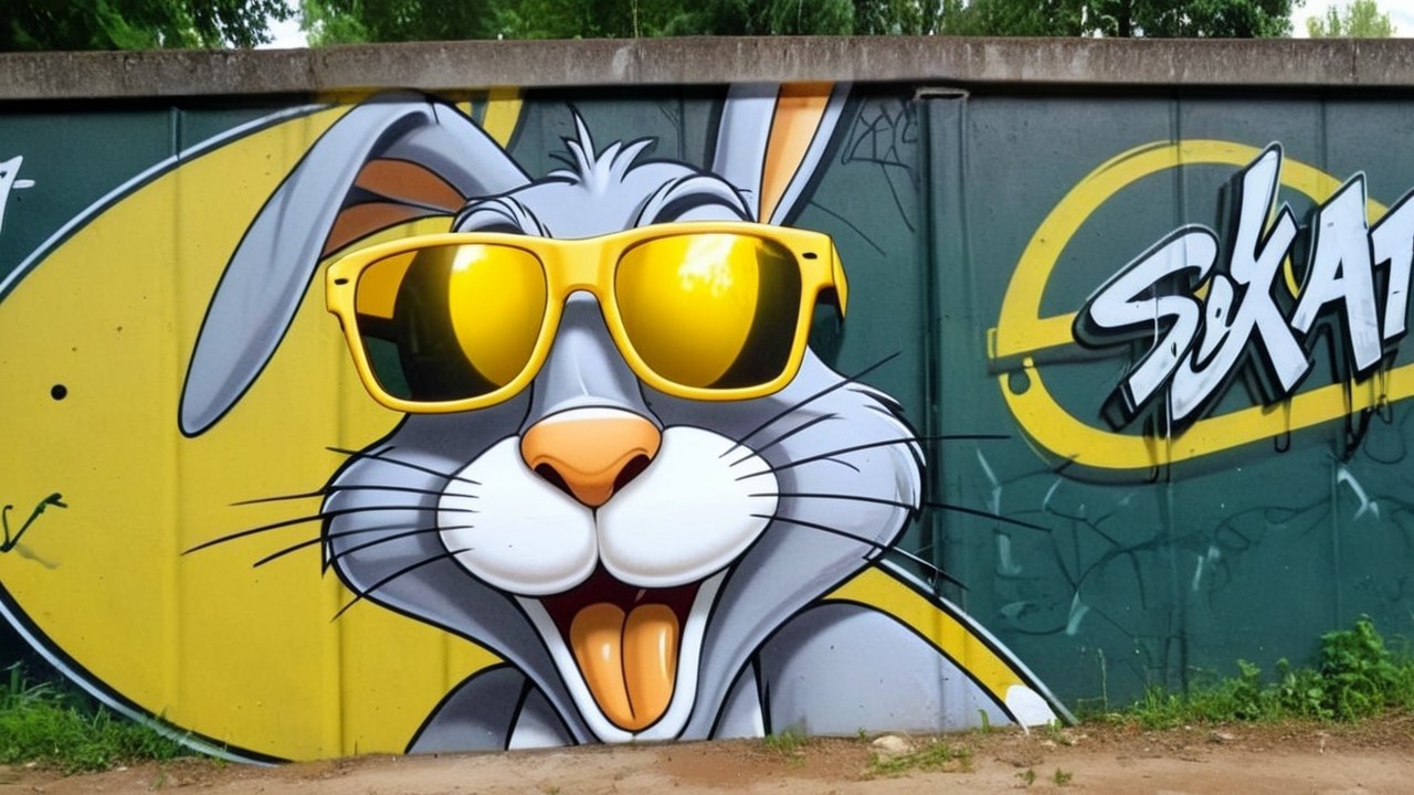 Vibrant Graffiti Mural of Cartoon Rabbit with Sunglasses