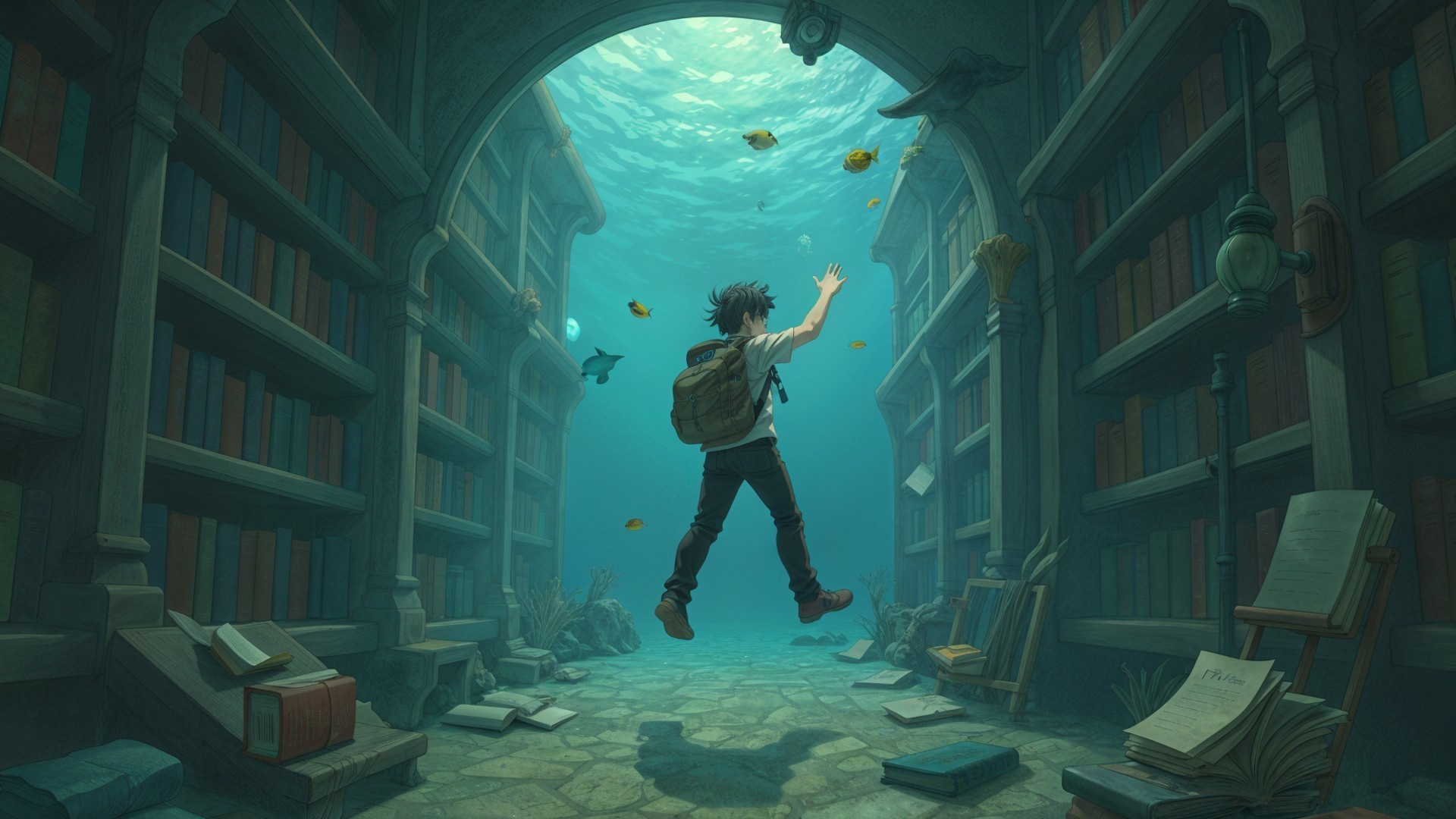 Underwater Library with Bookshelves and Swimming Fish