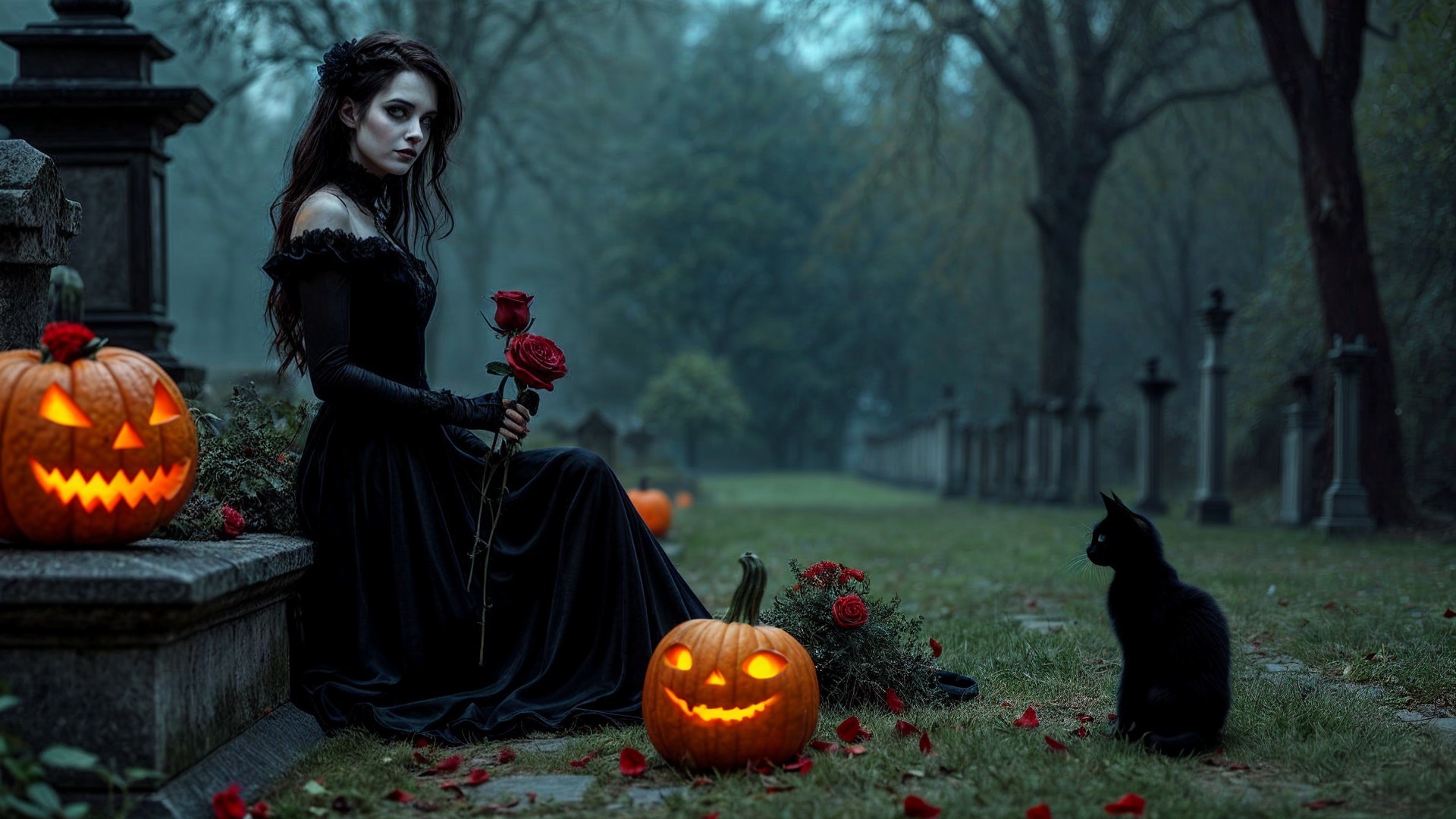 Misty Graveyard with Victorian Woman and Pumpkins