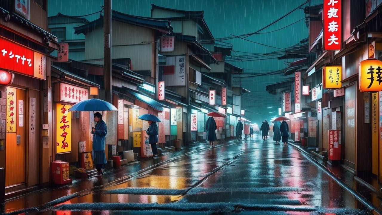 Vibrant Rain-Soaked Night Market Street Scene