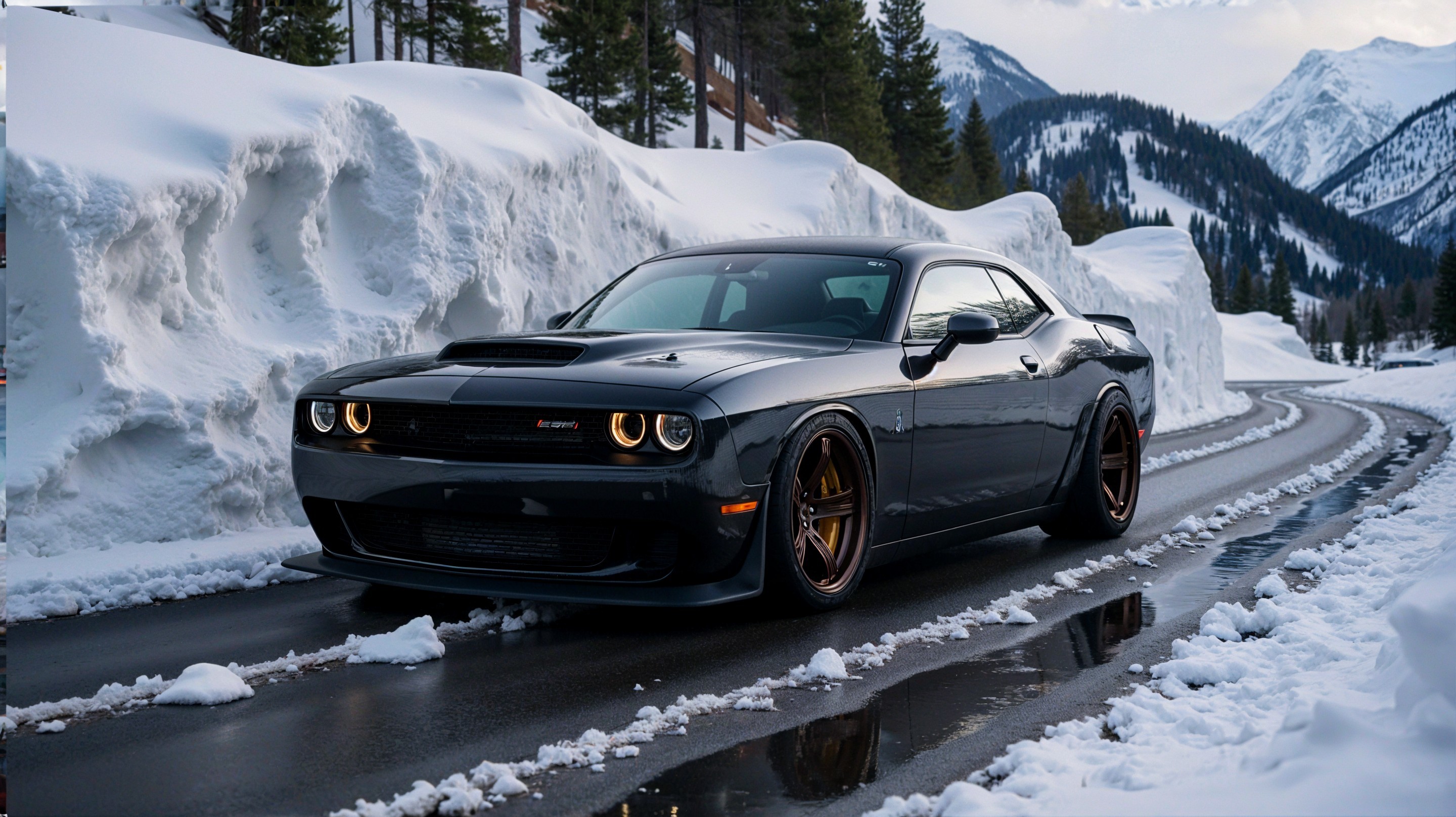 Black Muscle Car in Winter Landscape with Mountains