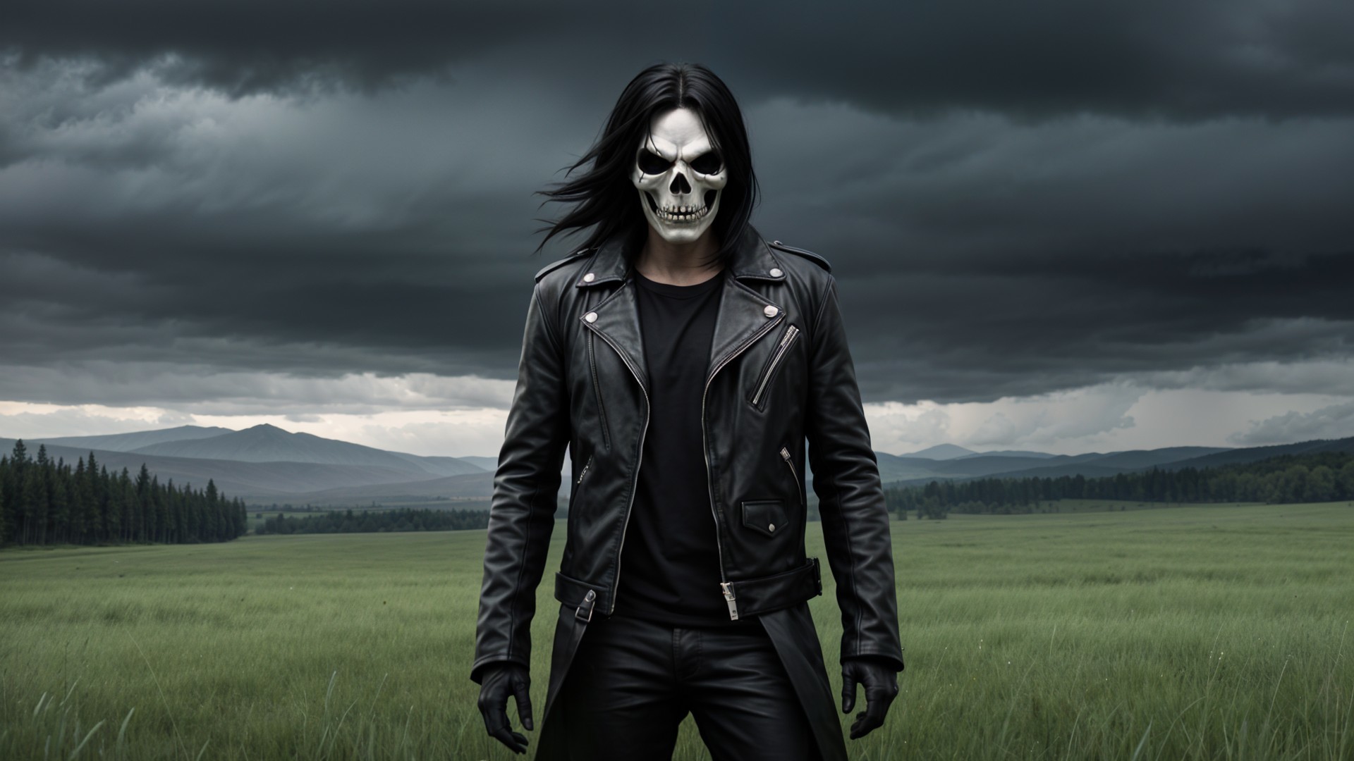 Figure in Leather Jacket in Open Field Under Clouds