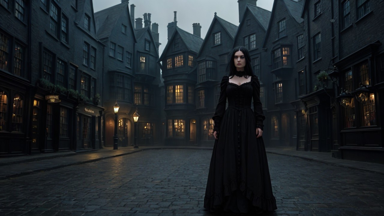 Mysterious Figure in Black Dress on Cobblestone Street