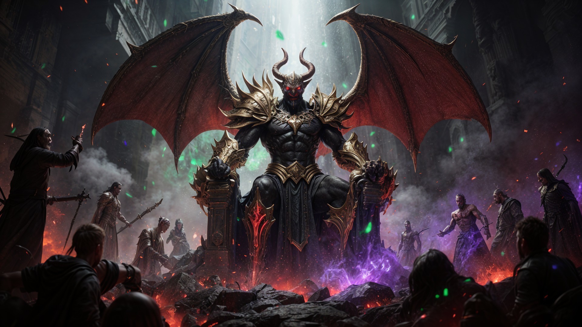 Demon Throne Surrounded by Shadowy Warriors and Light