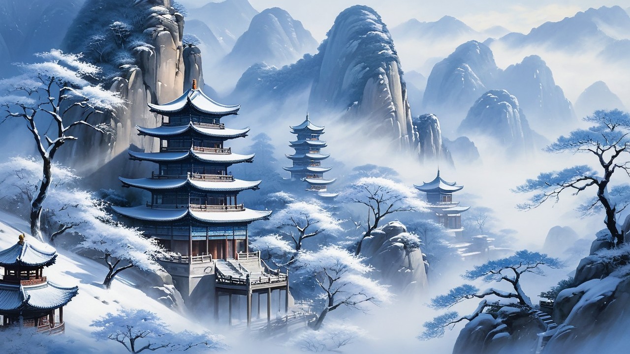 Serene Winter Landscape with Mountains and Pagodas