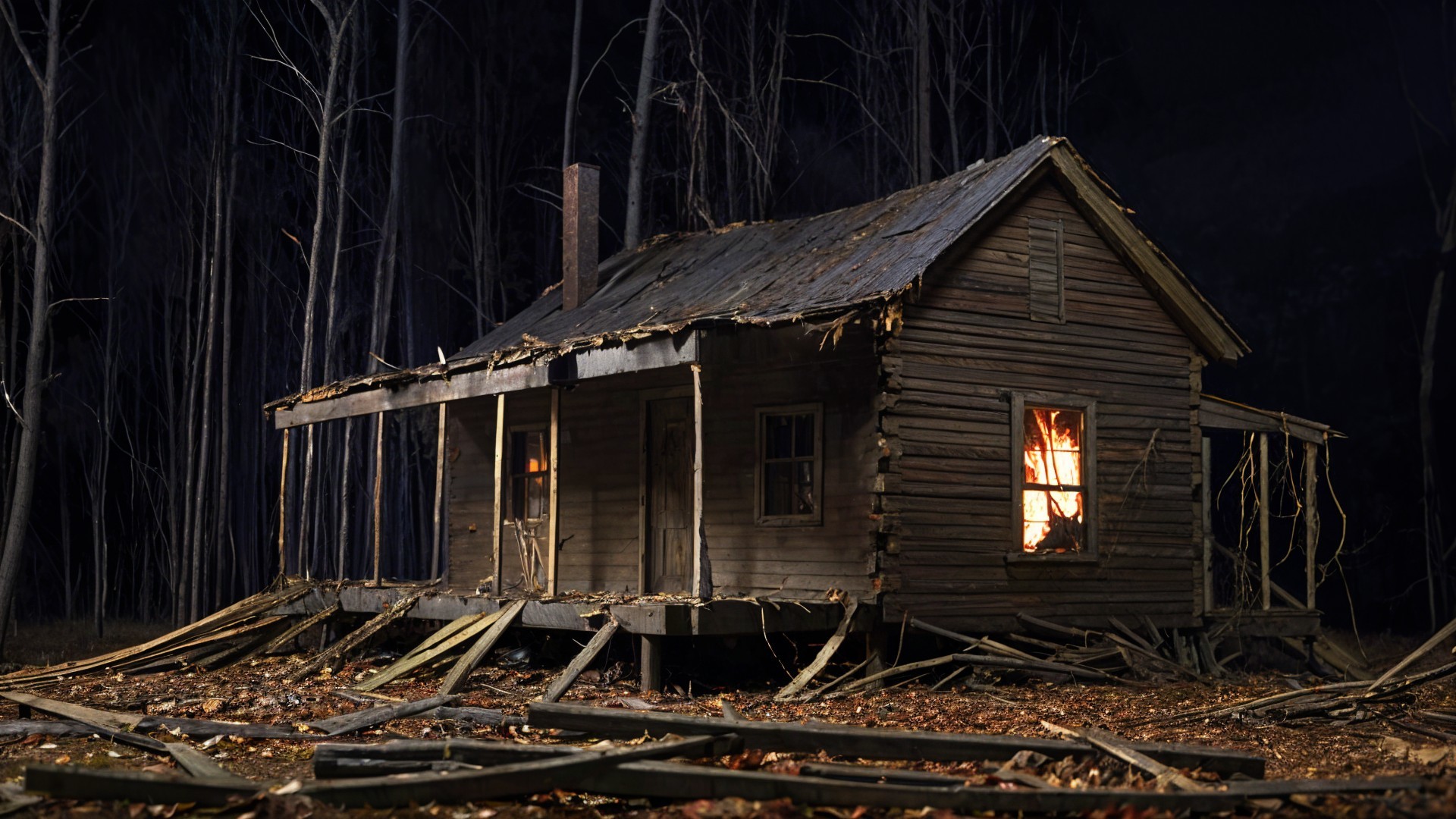 Dilapidated Wooden House Surrounded by Barren Trees