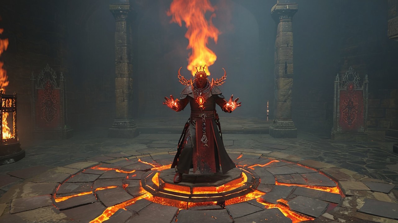 Sinister figure in dark robes in a stone chamber