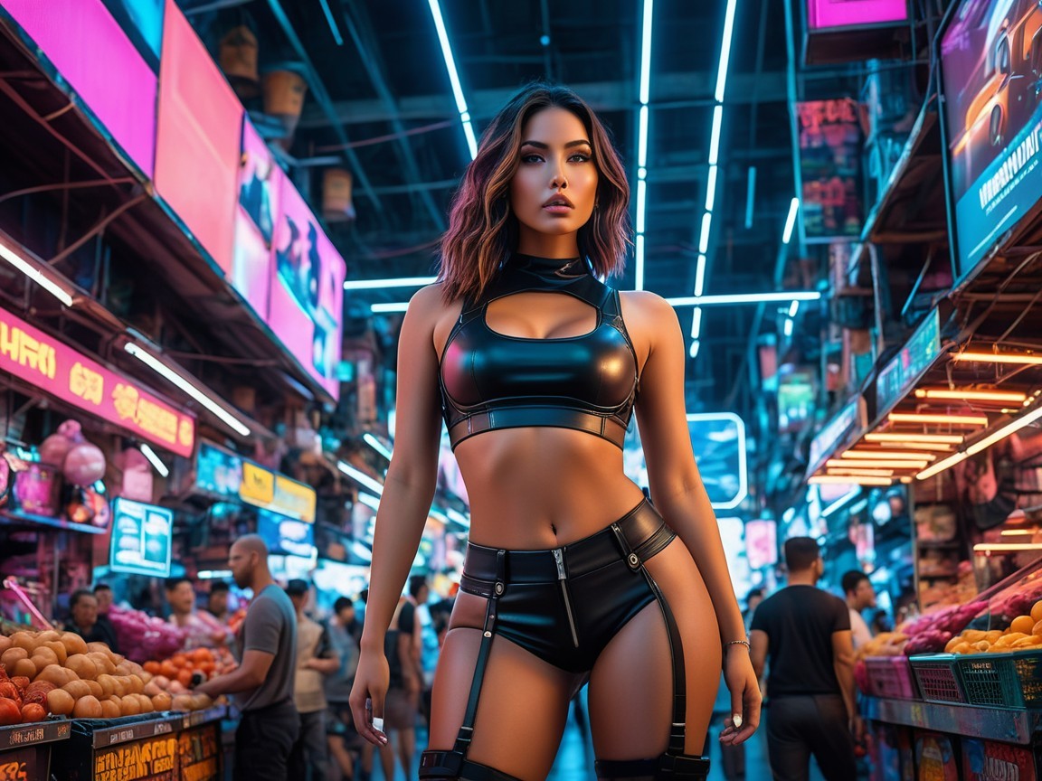 Confident Woman in Neon Marketplace with Vibrant Stalls