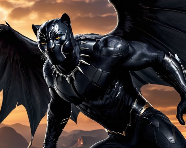 Heroic figure in black suit with wings at sunset
