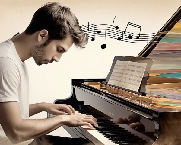 Young man playing grand piano with swirling notes