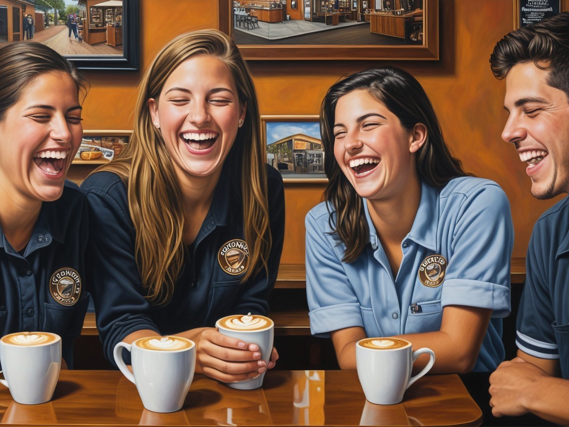 Friends Enjoying Coffee in a Vibrant Café Setting