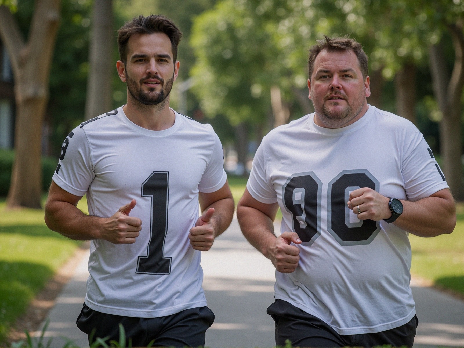 Men Jogging on a Tree-Lined Pathway in Fitness Attire