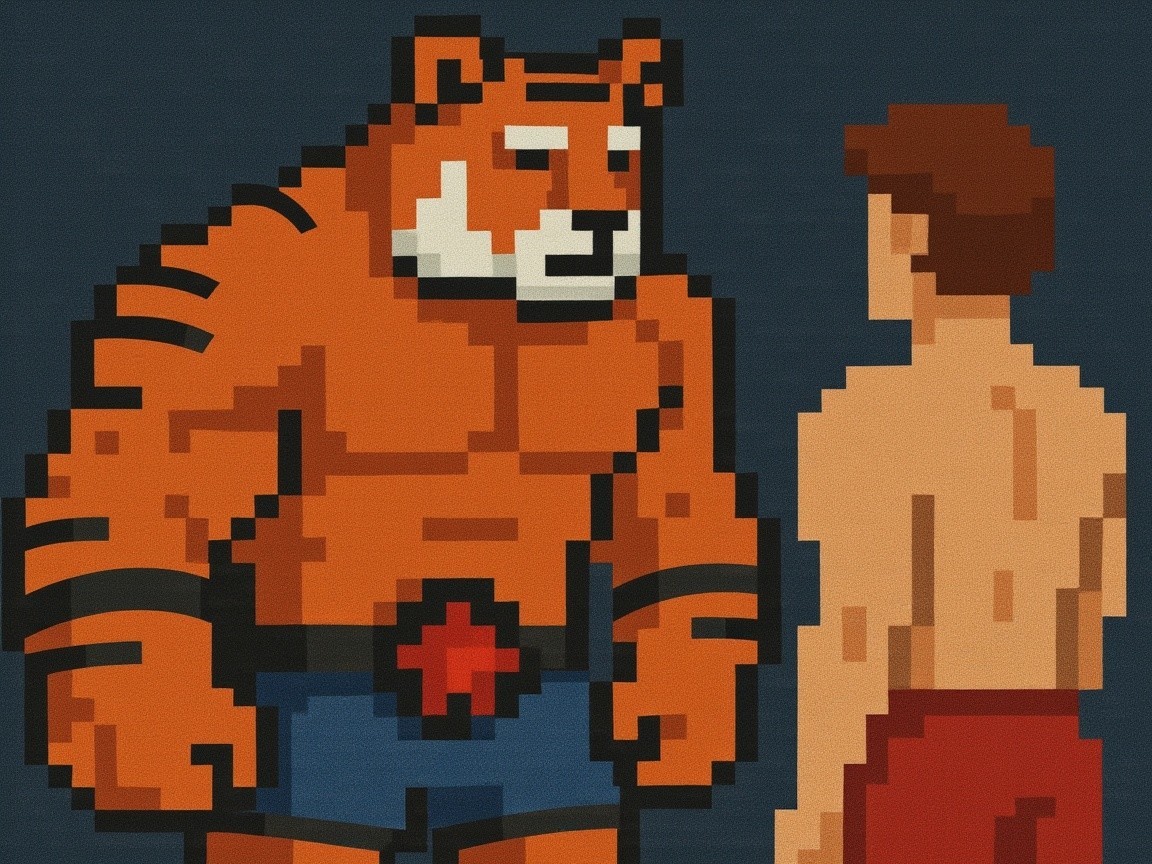 Pixel Art of a Tiger and Man in Bold Colors