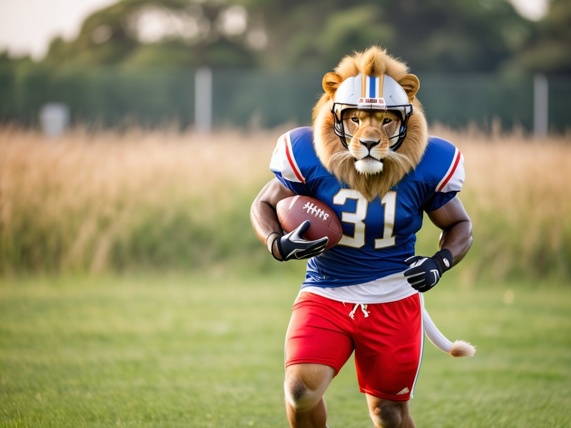Muscular Athlete in Lion Mask on Grassy Field