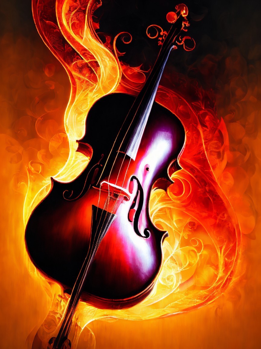 Violin Surrounded by Vibrant Flames and Colors