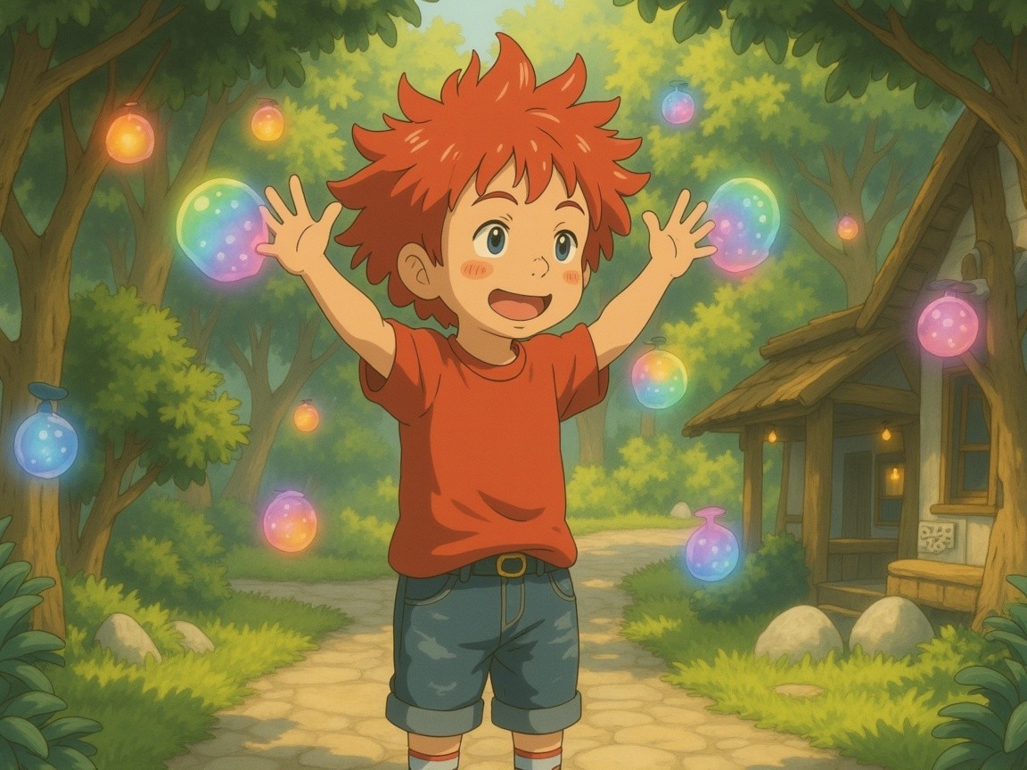 Cheerful boy with red hair on a scenic path with bubbles