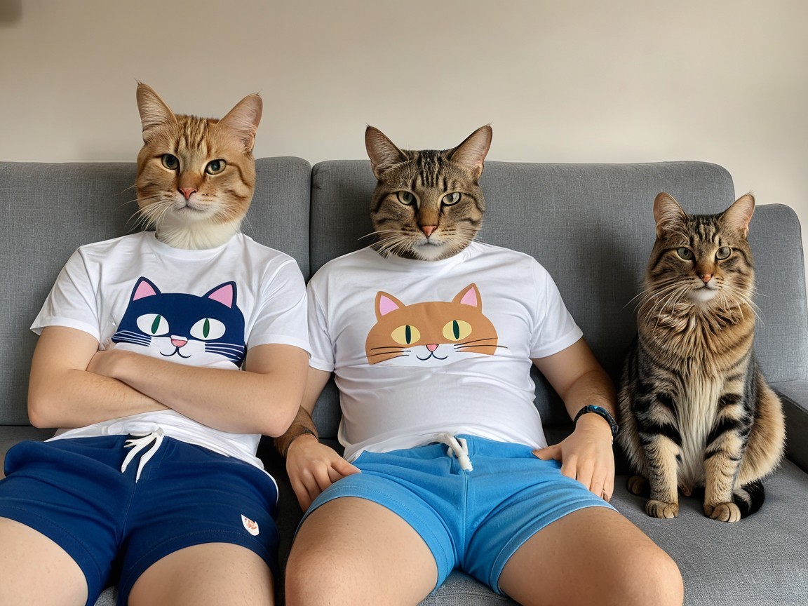 Playful Scene of People and Cats on a Gray Couch