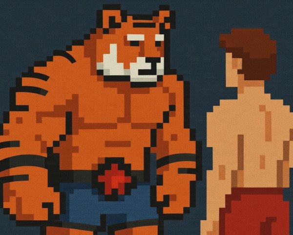 Pixel Art of a Tiger and Man in Bold Colors